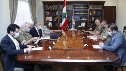 Lebanon's President Michel Aoun meets with Lebanon's caretaker Minister of Defense Zeina Akar and other delegates to discuss talks with Israel on disputed waters, at the presidential palace in Baabda, Lebanon October 13, 2020. Dalati Nohra/Handout via REUTERS